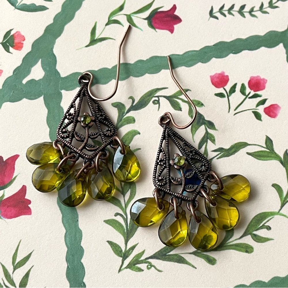 Romantic vintage coppertone & green faux stone dangle earrings Art Nouveau 1928?